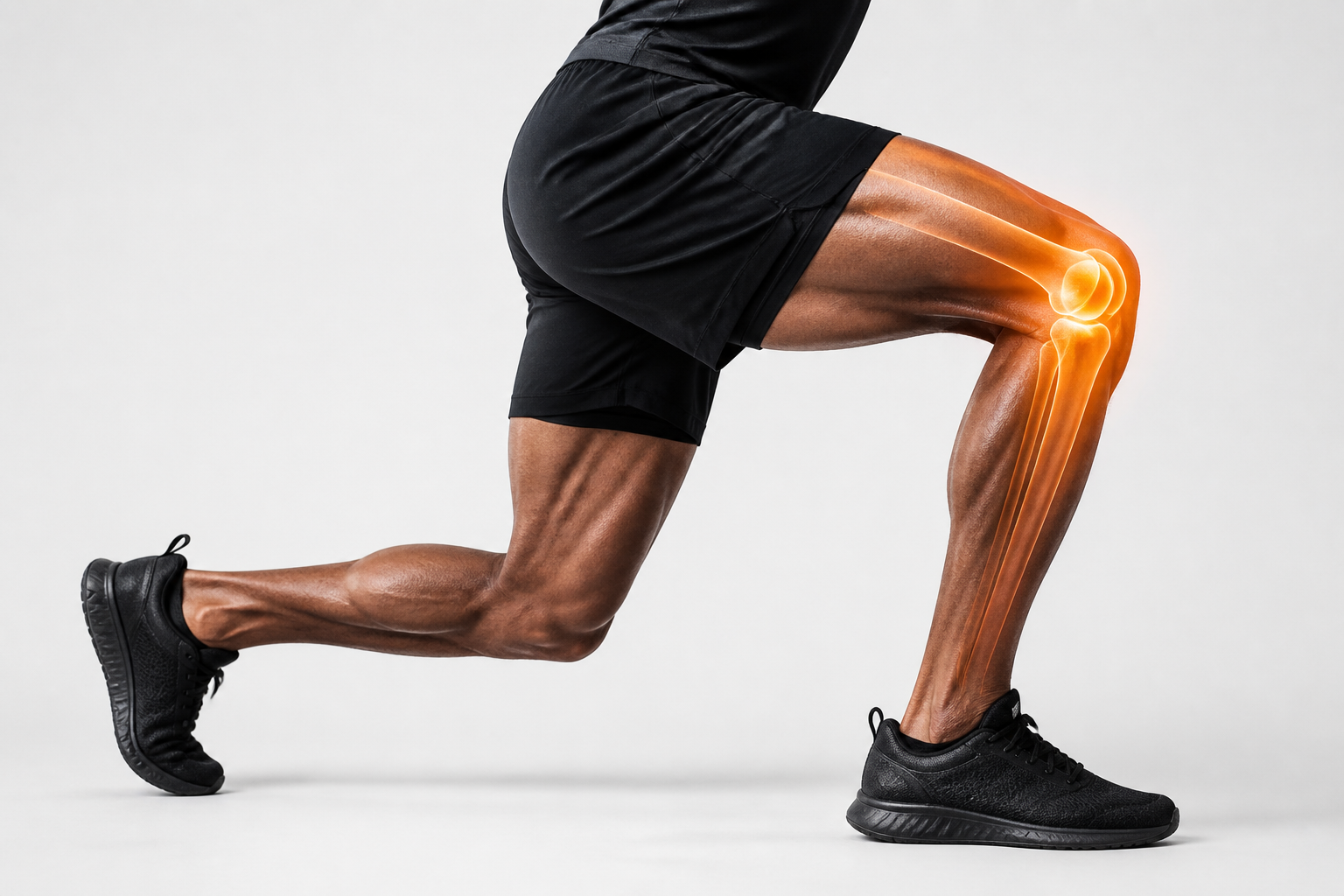 Anatomical view of knee and lower leg during a lunge, highlighting joint stress points